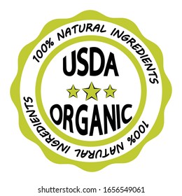 USDA organic. Green sign for organic, ecological product or food. Vector icon for product without GMO. Stamp with two Eco leaves and  stars inside. Certified USDA eco sign isolated on white phone