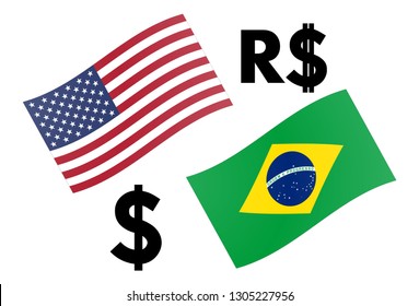 USDBRL forex currency pair vector illustration. US and Brazil flag, with Dollar and Real cifrao symbol.