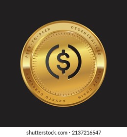 Logo de la criptodivisa USDC en el concepto de color negro sobre la moneda de oro. Símbolo de tecnología de la cadena de monedas Usd. Ilustración vectorial.