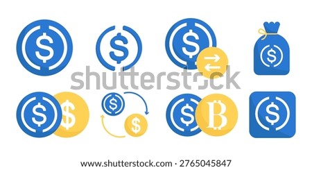 USDC USD Coin Cryptocurrency Icon Set with Logo, Wallet, Exchange, and Bitcoin Pairing Symbols