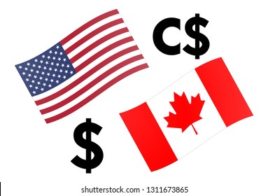USDCAD forex currency pair vector illustration. US and Canadia flag, with Dollar symbol.