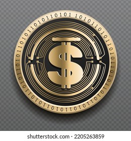 Usdd (USDD) cryptocurrency golden coin isolated in transparent background. Virtual currency token symbol vector illustration based on cryptography and block chain technology.