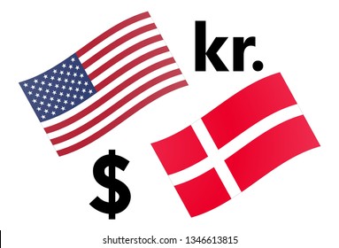 USDDKK forex currency pair vector illustration. American and Danish flag, with Dollar and Krone symbol.