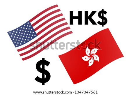 USDHKD forex currency pair vector illustration. American and Hongkong flag, with Dollar symbol.