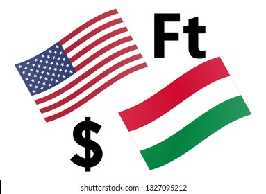 USDHUF forex currency pair vector illustration. American and Hungarian flag, with Dollar and Forint symbol.