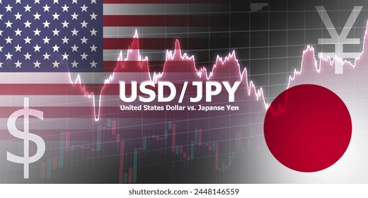 USDJPY Currency pair in the forex market. Foreign exchange illustration. Price fluctuation concept. USD : Acronym for United States Dollar. JPY : Acronym for Japanese Yen.