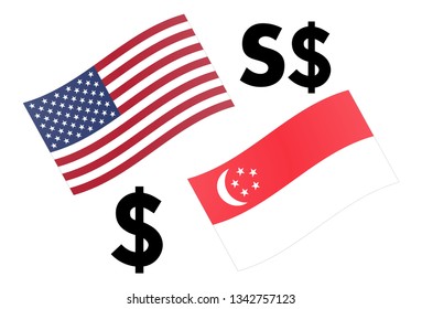 USDSGD forex currency pair vector illustration. American and Singapore flag, with Dollar symbol.