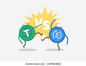 USDT VS USDC Stablecoins. Cryptocurrency cartoon concept.