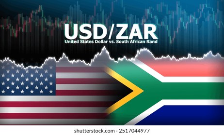 Par de moedas USDZAR no mercado forex. Ilustração de moeda estrangeira. Conceito de flutuação de preços. USD : Acrônimo para Dólar Americano. ZAR: Acrônimo para South African Rand.