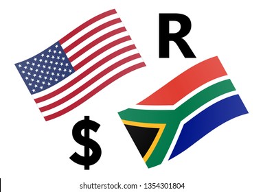 USDZAR forex currency pair vector illustration. American and South Africa flag, with Dollar and Rand symbol.