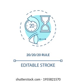 Usar el icono de concepto de regla 20 20 20. Consejos de prevención de la lluvia ocular digital. Formas de prevenir la tensión ocular y el dolor de la idea de la delgada línea ilustración. Dibujo de color RGB con contorno aislado del vector. Trazo editable