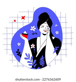 Use of age cosmetics - colorful flat design style illustration with linear elements. Red and blue composition with an adult woman in a flower robe taking care of her face skin with the help of cream