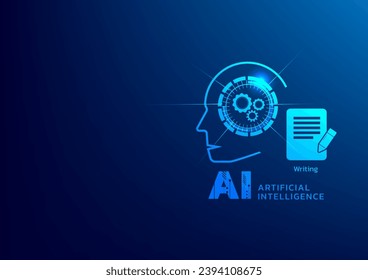 Use Ai to write something. Write perfect content by Ai. Chat bot. Robot help. Create. Blue background vector illustration. Generated text in the future.  