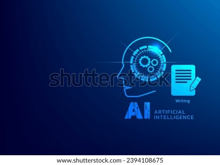 Use Ai to write something. Write perfect content by Ai. Chat bot. Robot help. Create. Blue background vector illustration. Generated text in the future.  