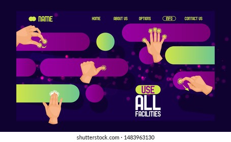 Use all facilities website design. User friendly interface symbols, moves banner. Mobile tablet touch screen hand gestures flat icons collection abstract vector illustration.