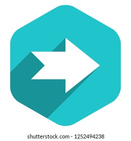 Use it in all your designs. Arrow sign direction icon in hexagon shape. Flat web internet button in long shadow style. Quick and easy recolorable vector illustration a graphic element for design.