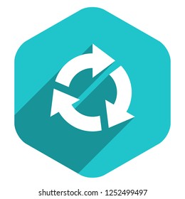 Use it in all your designs. Arrow sign reload, refresh, rotation, loop, repetition, reset icon in hexagon web internet button in flat long shadow style. Vector illustration a graphic design element