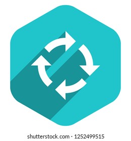 Use it in all your designs. Arrow sign reload, refresh, rotation, loop, repetition, reset icon in hexagon web internet button in flat long shadow style. Vector illustration a graphic design element
