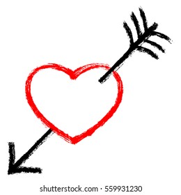 Use it in all your designs. Red heart pierced by an black arrow. Popular symbol created with texture in handmade watercolor technique. Vector illustration a graphic element.