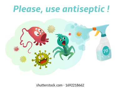 Use antiseptic with a content of more than 70% alcohol. Sanitizer spray kills bacteria and viruses. Defeat coronavirus!