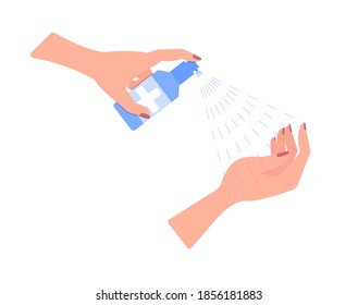 Use of antiseptic, disinfectant, alcohol solution for hands. A hand sprays liquid from a bottle onto a hand for disinfection, protection against viruses, microbes, bacteria. 