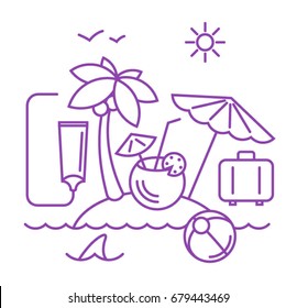 Use anti-sun cream. Spend a holiday at sea. Places for swimming. Water safety. Habitats of sharks. Leave things unattended. Order a ticket from tourist agency. Hot summer day. Island with palms.