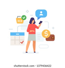 Use applications via smartphone icon, illustration. Smartphones tablets user interface social media.Flat illustration Icons infographics. Landing page site print poster. Eps vector.