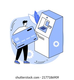 Use ATM isolated cartoon vector illustrations. Smiling girl near automated teller machine, holding plastic card, get cash money from ATM, withdrawal process, banking service vector cartoon.