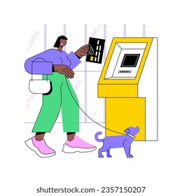 Use ATM isolated cartoon vector illustrations. Smiling girl near automated teller machine, holding plastic card, get cash money from ATM, withdrawal process, banking service vector cartoon.