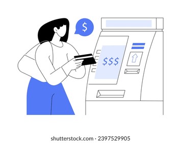 Use ATM isolated cartoon vector illustrations. Smiling girl near automated teller machine, holding plastic card, get cash money from ATM, withdrawal process, banking service vector cartoon.