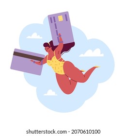 Use Bank Credit Card Maximum. Sense Financial Freedom. Woman Flying On Wings. Traveling Girl In Bikini Wasting Money On Summer Beach Vacation. Purchase And Cashless Payments. Vector Concept