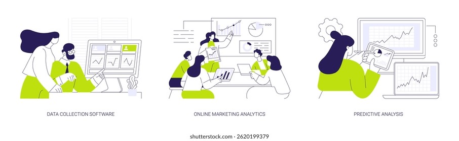 Use of Big Data abstract concept vector illustration set. Data collection software, online marketing analytics, data driven campaign, predictive analysis, statistical algorithm abstract metaphor.