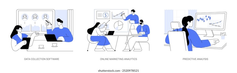 Uso do conjunto de ilustrações isoladas do vetor de desenhos animados Big Data. Software de coleta de dados, análise de marketing on-line, campanha orientada a dados, análise preditiva, cartoon vetorial de algoritmo estatístico.