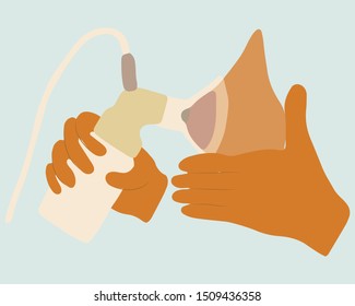 Use of breast pump, hands holding bottle and breast. Flat cartoon style. Vector illustration.