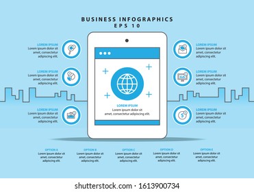 Use of a business tablet to succeed on a blue background. Eps10 vector.