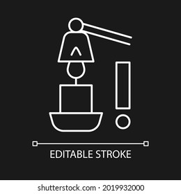 Use candle snuffer white linear manual label icon for dark theme. Thin line customizable illustration for product use instructions. Isolated vector contour symbol for night mode. Editable stroke