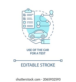 Use of car for test blue concept icon. Road examination service abstract idea thin line illustration. Driving school. Automobile riding course. Vector isolated outline color drawing. Editable stroke
