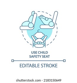 Use child safety seat turquoise concept icon. Flight safety abstract idea thin line illustration. Travel with stroller. Isolated outline drawing. Editable stroke. Arial, Myriad Pro-Bold fonts used