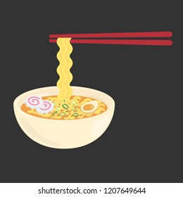 Use chopsticks to pinch the spicy instant noodles kawaii flat cartoon vector illustration