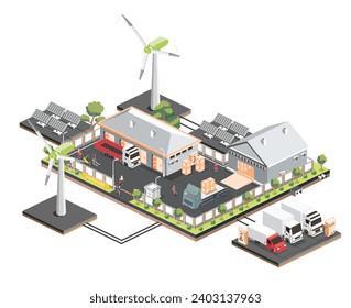 Use of clean energy in the logistics sector. Isometric distribution logistic center with solar panels and wind turbines. Warehouse storage facilities with trucks. Vector illustration.