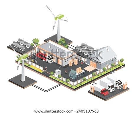 Use of clean energy in the logistics sector. Isometric distribution logistic center with solar panels and wind turbines. Warehouse storage facilities with trucks. Vector illustration.