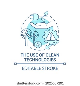 Uso de tecnologías limpias icono de concepto azul. Enfoque ecológico abstracto idea de la ilustración de línea delgada. Solución al problema del cambio climático. Dibujo de color de contorno aislado del vector. Trazo editable