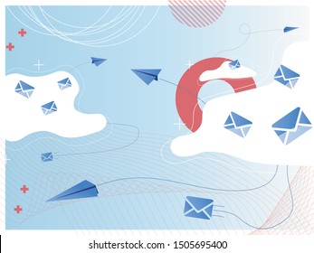 Use of cloud technologies in correspondence on a blue background with paper airplanes and abstractions