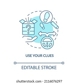 Use clues turquoise concept icon. Escape room approach abstract idea thin line illustration. Finding hidden objects. Isolated outline drawing. Editable stroke. Arial, Myriad Pro-Bold fonts used