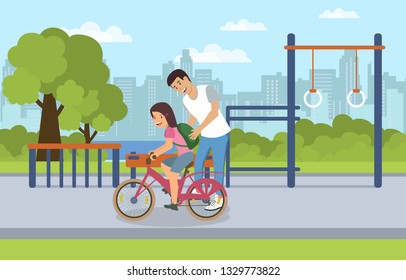 Use Common Urban area by Children and Adults. Vector Flat Illustration on Background Trees from Green Bushes. Happy Father Teaches Teenager Daughter to Brake While Riding Teenage Bike.