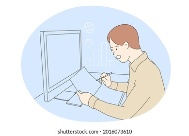 use computer online Cryptocurrency trading white male office worker office manager concept of currency exchange
business finance workday sales advertising in the office illustration vector.