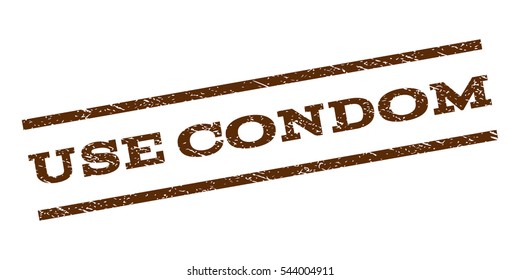 Use Condom watermark stamp. Text caption between parallel lines with grunge design style. Rubber seal stamp with unclean texture. Vector brown color ink imprint on a white background.