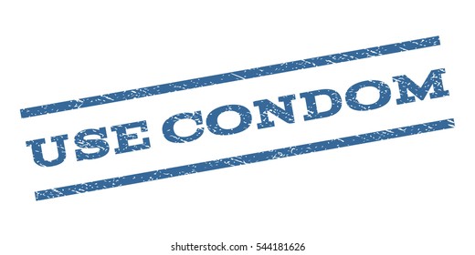 Use Condom watermark stamp. Text caption between parallel lines with grunge design style. Rubber seal stamp with dust texture. Vector cobalt blue color ink imprint on a white background.