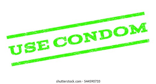 Use Condom watermark stamp. Text tag between parallel lines with grunge design style. Rubber seal stamp with unclean texture. Vector light green color ink imprint on a white background.