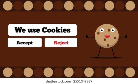 Use of Cookies Website Announcement with a Cookie Character Flat Style. Landing page and notification for web vector art